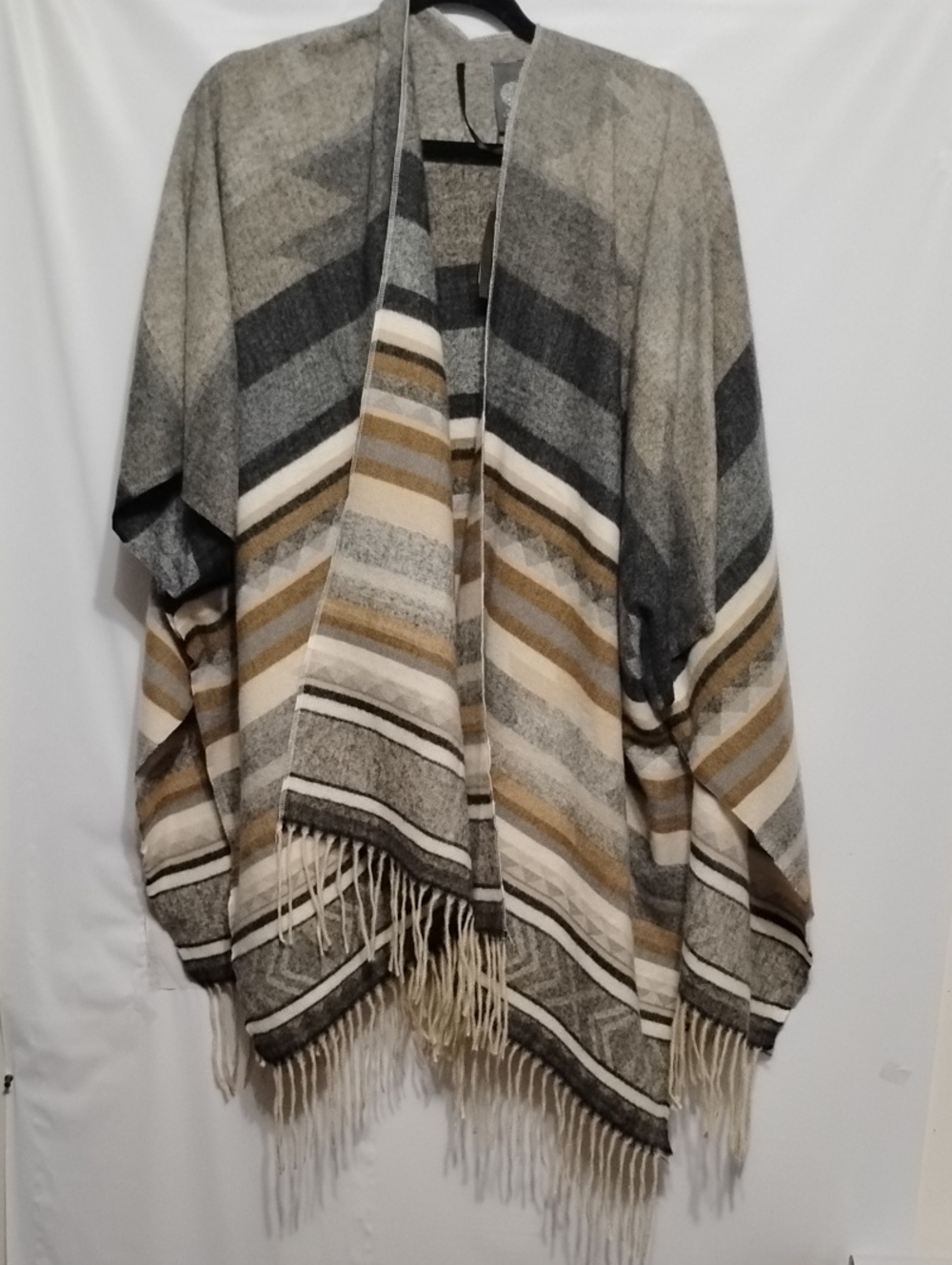 Vince Camuto Aztec Print Fringe Gray,‎ Cream & Brown Striped  Ruana Cape